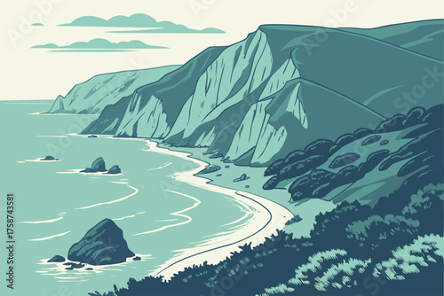 Modern vector of Channel Islands coastal cliffs in soft blue tone
