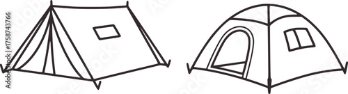 Two black and white line drawings of camping tents shelter outdoor