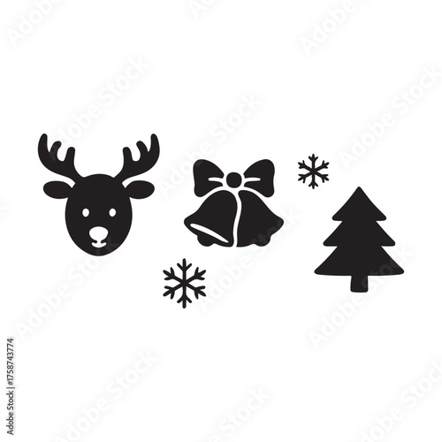 Minimalist Christmas Icons Set - Reindeer, Bells, Tree, and Snowflakes