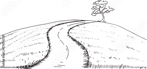 Winding road on grassy hill with solitary tree black and white line drawing