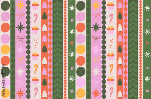 Christmas decorative wrapping paper and textile backgrounds. Seamless patterns vector set. Hand-drawn quirky doodle ornaments with striped, plaid, and checkered, stars shapes design for new year party