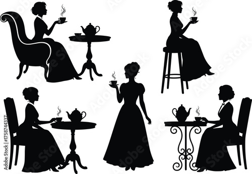 Vintage woman silhouette drinking tea, elegant lady sitting, antique tea time, Victorian fashion, retro style, afternoon tea, classic illustration, elegance