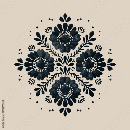 Traditional folk floral ornament in embroidery style, symmetrical decorative pattern on a light background, elegant design element