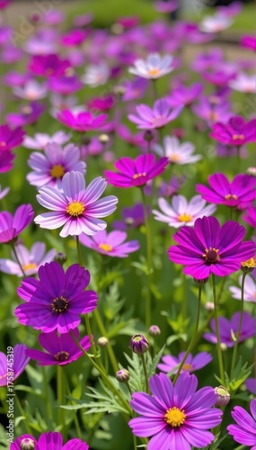 Vibrant purple cosmos flowers bloom in a field near Fukuoka, Japan, showcasing natural beauty, countryside charm, picturesque