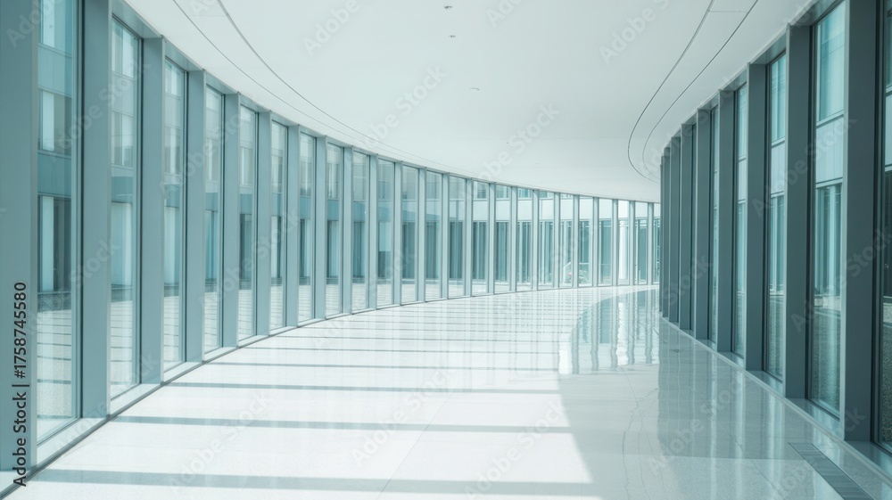 Fototapeta premium Bright, modern office hallway with curved glass windows and minimalist design for inspiration
