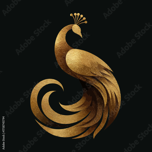 Elegant gold peacock with textured feathers, luxurious graphic design on a dark background