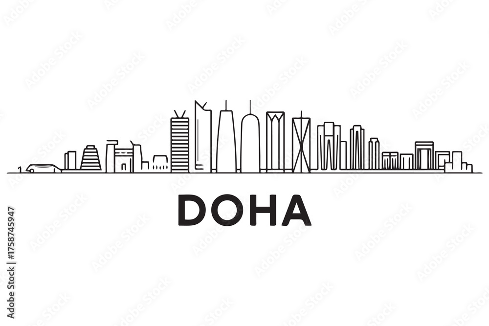 Fototapeta premium Panoramic View of Downtown Doha Line Art Skyline. Doha city black silhouette skyscrapers and buildings. with white background