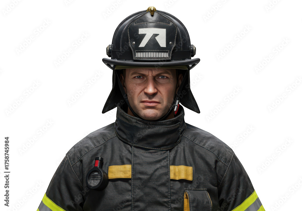 Fototapeta premium Serious firefighter in protective gear and helmet stands against black background.