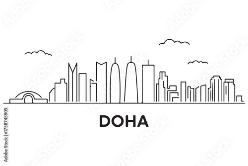 Panoramic View of Downtown Doha Line Art Skyline. Doha city black silhouette skyscrapers and buildings. with white background