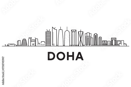 Panoramic View of Downtown Doha Line Art Skyline. Doha city black silhouette skyscrapers and buildings. with white background