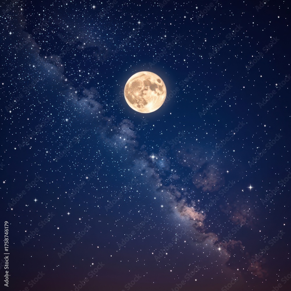 Fototapeta premium Luminous full moon illuminating a vast, star-dusted night sky, dreamy, starry