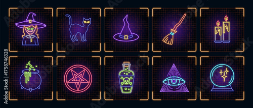 Witch elements icon illustration set, Halloween vector symbol collection, cyber neon visual, glowing borders frames.	
