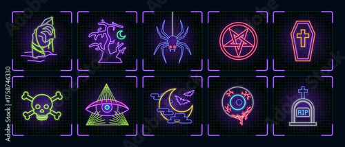 Creepy halloween icons icon illustration set, Halloween vector symbol collection, cyber neon visual, glowing borders frames.	