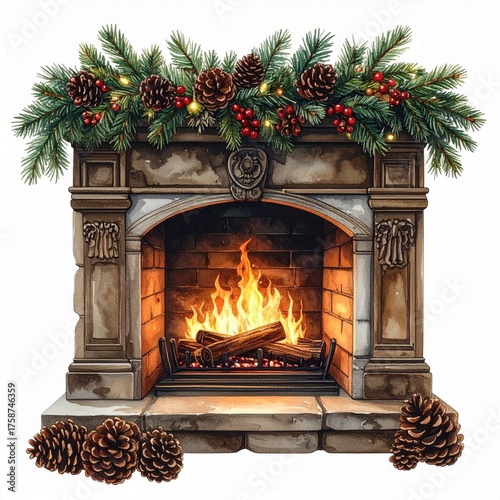 Watercolor Fireplace with Christmas Garland and Warm Burning Logs Isolated