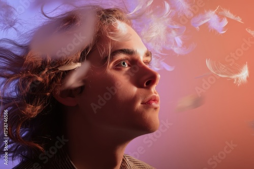 Young person gazes upward s...