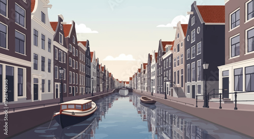 A serene flat design illustration depicting a classic Dutch canal scene with traditional gabled houses neatly aligned along the water's edge, featuring a small boat navigating the tranquil canal. 