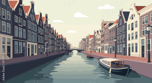 A serene flat design illustration depicting a classic Dutch canal scene with traditional gabled houses neatly aligned along the water's edge, featuring a small boat navigating the tranquil canal. 
