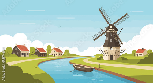 A charming flat design illustration portraying a classic Dutch rural scene, with a traditional windmill majestically overlooking a winding canal and a quaint village in the background. 