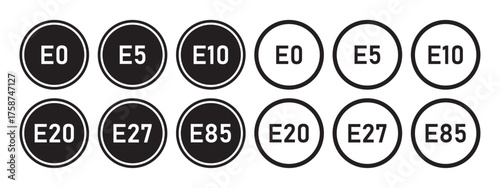 Ethanol fuel labels set, e0 e5 e10 e20 e27 e85 gasoline ethanol blend icons, biofuel fuel type stickers vector illustration