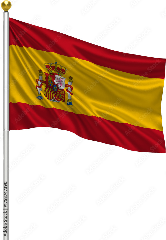 Fototapeta premium Realistic Spain Flag Waving on Pole with Silk Fabric Texture, 3D Render Isolated on Transparent Background