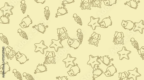 Assorted sketched dogs, stars, birds, and hedgehogs on a yellow background. Perfect for pet stores, childrens books, and animalthemed designs.