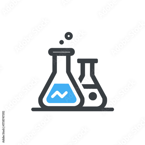 Science laboratory flasks icon with blue liquid, chemistry experiment and research concept illustration in a modern outline style