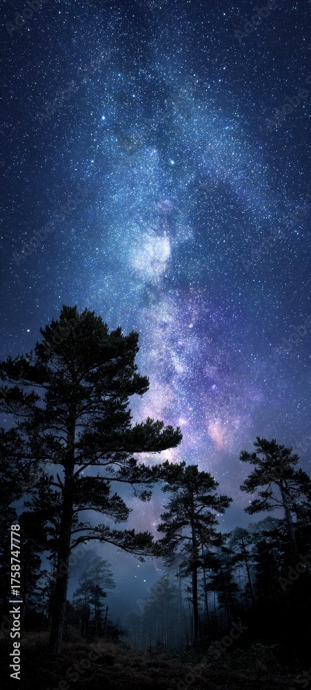 Fototapeta premium Stunning night sky with milky way galaxy above forest silhouettes