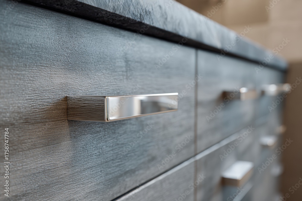 Obraz premium Close-up of modern kitchen cabinet with stainless steel handles and wooden texture