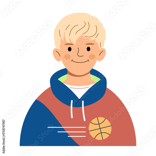 Avatar of blond boy in chest-length sweatshirt. Cute vector portrait of child athlete playing basketball. Illustration of child's active hobby, energy, and healthy lifestyle.