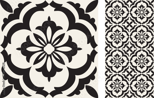 Seamless Azulejo tile. Portuguese and Spain decor. Ceramic tile in black and white. Vector hand drawn illustration, typical portuguese and spanish tile