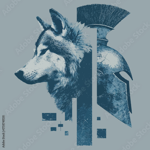 Powerful stylized wolf head profile integrated with ancient warrior helmet and abstract geometric elements, vintage graphic design.