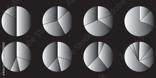 Set of black pie chart icons with different segment divisions, simple circular infographic symbols for business, finance, statistics, report data visualization, and analytics design 