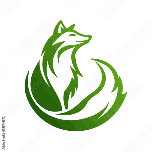 Stylized green fox vector illustration, minimalist abstract emerald forest animal icon, elegant wildlife logo concept design.