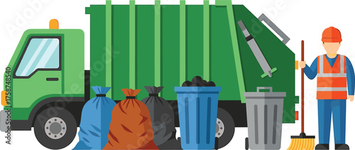 Garbage truck with worker and trash bags bins and broom on a white background Keywords: garbage truck, trash truck, refuse truck, sanitation truck, waste management, garbage collector, worker, man