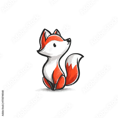 Cute cartoon baby fox illustration, adorable woodland animal character looking up, playful design element