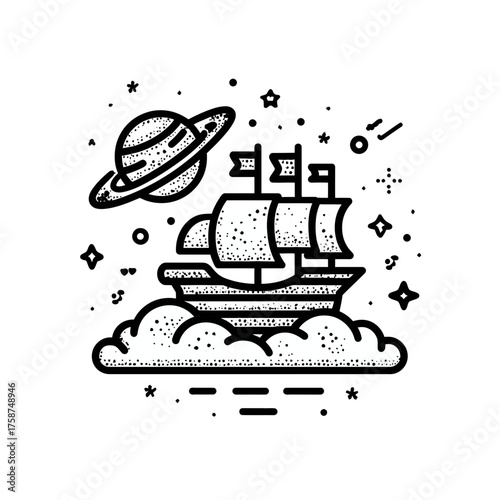 Whimsical cosmic journey: Minimalist line art of a fantasy sailing ship floating on clouds in space with a ringed planet and stars