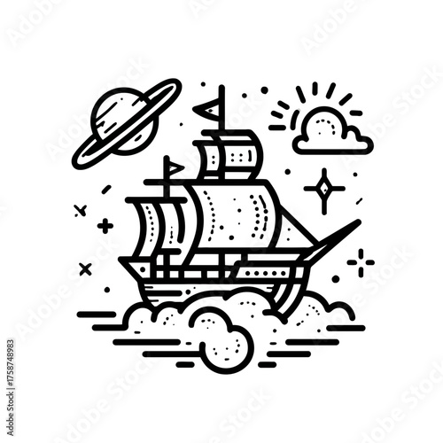 Dreamy celestial voyage with a classic sailing ship floating among abstract clouds, planet, sun, and stars, outline illustration