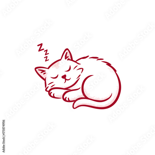 Cute sleeping white cat illustration with minimalist design and red outline. Peaceful napping kitten vector graphic on a white background.