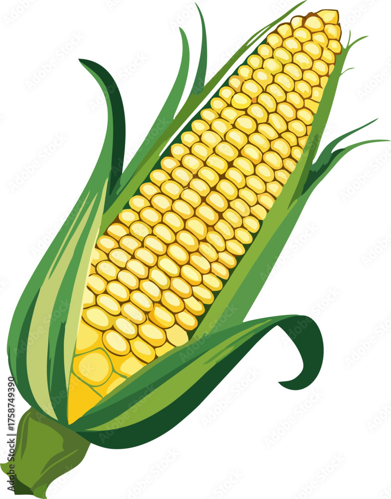 Obraz premium Vivid Corn on the Cob Vector Illustration, Fresh Yellow Corn with Green Husk, Isolated Farm Vegetable Art