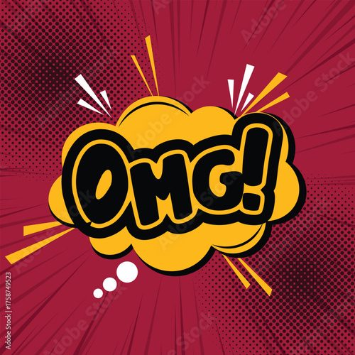 Omg speech bubble with text effect isolated on red background.
Vector bright dynamic cartoon illustration in retro pop art style.
Comic lettering omg. text effect.