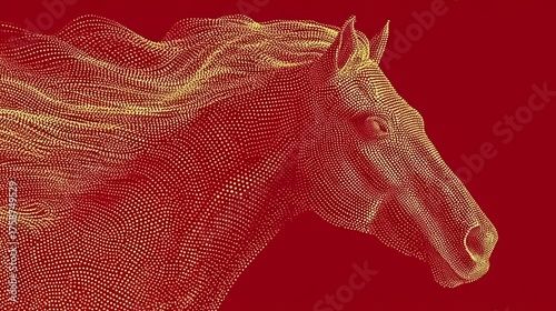 Horse with a long mane and a red background. The horse is depicted in a stylized way, with a lot of detail and texture