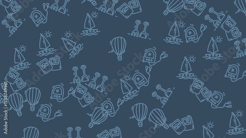 Pattern of stylized boats, hot air balloons, camping equipment. Ideal for travel blogs, outdoor brands, adventurethemed designs, or vacation promotions.