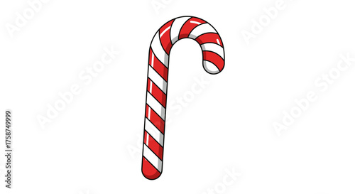 Festive candy cane with red and white stripes on white background