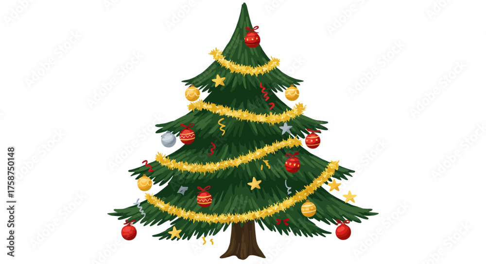 Obraz premium Festive christmas tree with colorful ornaments and garland on white background