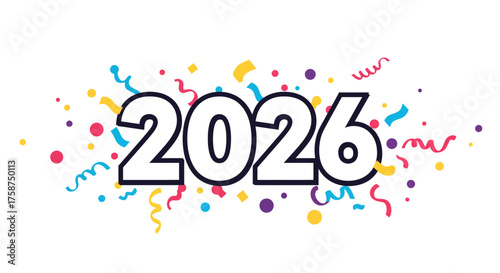 Colorful new year 2026 celebration design with confetti and bold numbers
