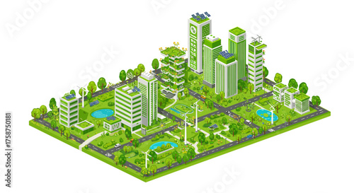 Eco-friendly cityscape with renewable energy and green architecture in isometric style