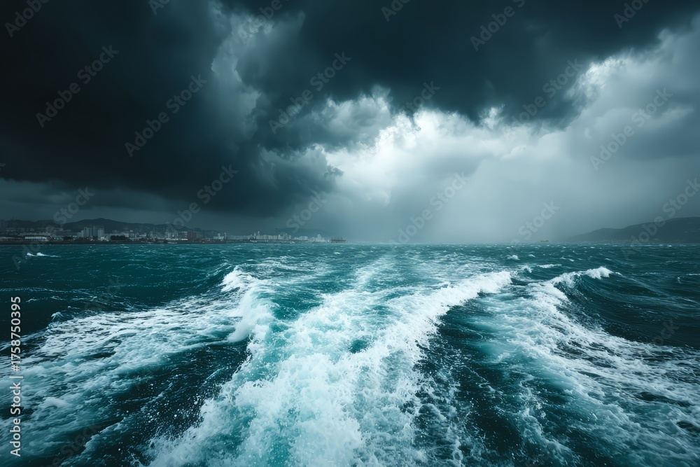 Fototapeta premium The ocean is rough and choppy, with a storm brewing in the distance. The sky is dark and ominous