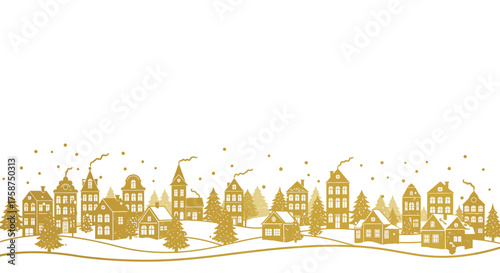Golden winter village scene with snowy houses and pine trees