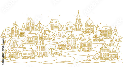 Winter wonderland scene featuring cozy houses and church in gold linear style