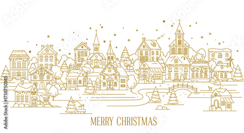 Festive linear winter village scene with merry christmas greeting
